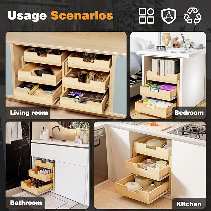 Gsskny Pull Out Cabinet Organizer, 17''W×21''D Sliding Drawers for Cabinets, 3 Tier Soft Close Slide Out Wooden Pull out Drawers, Base Cabinet Organization for Kitchen, Pantry, Bathroom