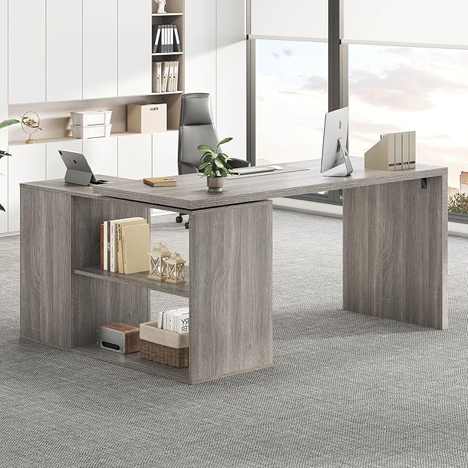 HSH 360° Rotating L Shaped Computer Desk with 3 Drawers and 2 Shelves, Home Office Swivel Desk for Work Writing Study Gaming, Reversible Wood Corner Desk with Storage Cabinet, Light Grey Oak, 55 Inch