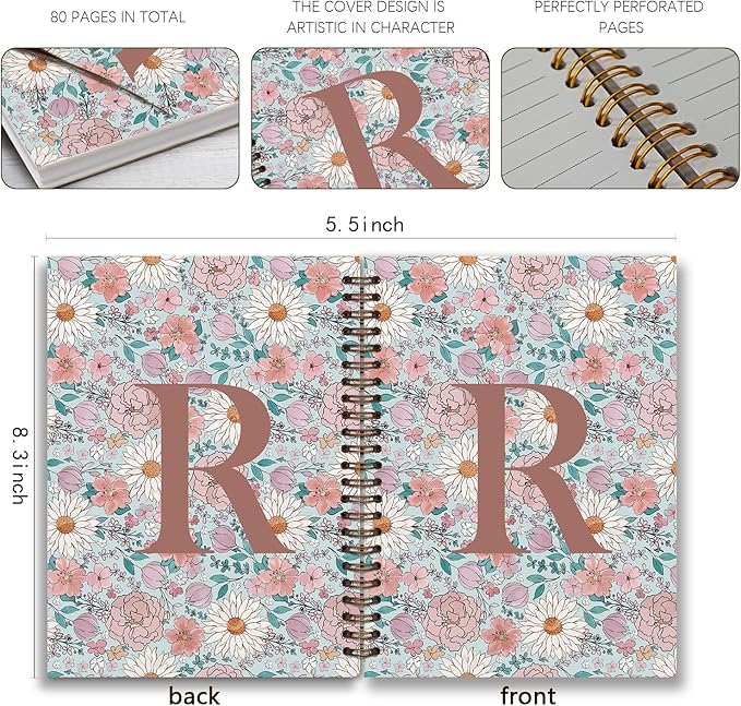 Vintage Floral Personalized Notebook, Initial Letter R Notebook Journal ,Vintage Flower Notebook for Work School Office Supplies,,Monogrammed Notebook for Women Teen Girl,Back to School Supplies 5.5 x 8.3