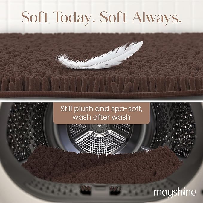 MAYSHINE Plush Shaggy Chenille Bath Mat | Extra Soft, Super Absorbent, Non-Slip Bathroom Rug | Fluffy Microfiber, Area Rug Sets for Bathroom Floor, Kitchen, Living Room | 47"x27" | Brown