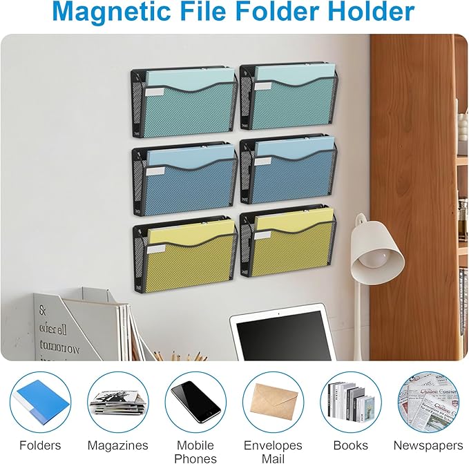 Magnetic Wall File Holder 3-Pack - Mesh Organizer with Strong Magnets for Office, Home & School - Space Saving Black Document Organizer