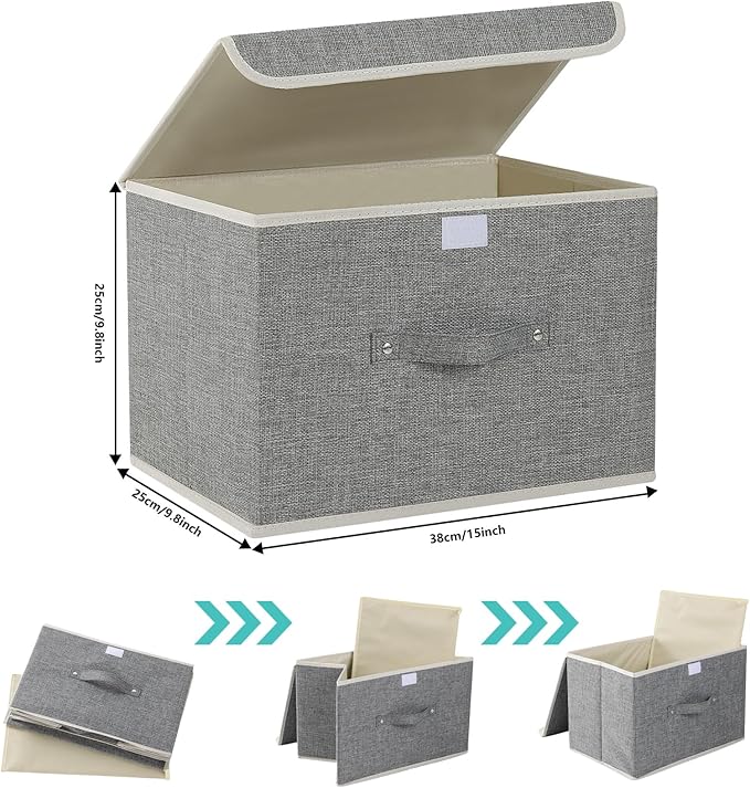 Fabric Storage Bins Cube Organizers with Flip-Top Lid and Handles,Storage Boxes for Organizing Home,Office,and Closet,Grey,5 Pack 15 x 9.8 x 9.8 in