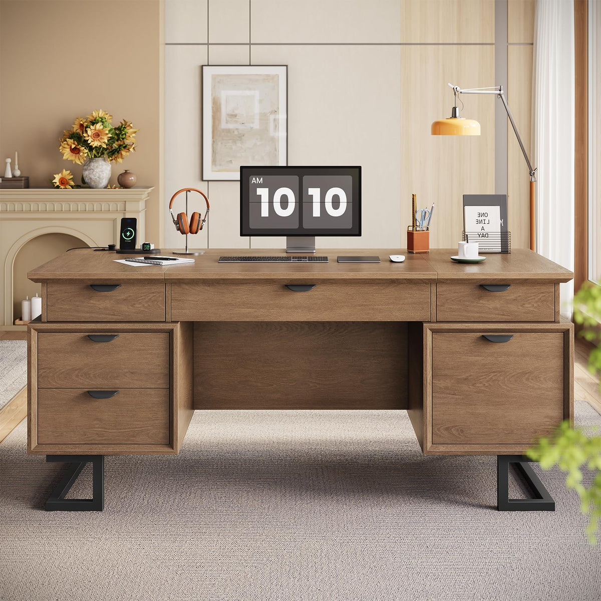 ANGRYWIN 63" W x 27.6" D Executive Desk with 2 Cabinets & Power Outlet