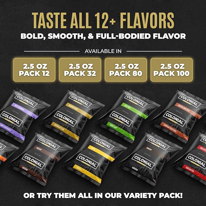 Colonial Coffee 100 Count Single Pot Coffee Packets – 100% Arabica Dark Roast | Pre-Measured Frac Packs for 12 Cup Maker | Bulk Ground Gourmet Coffee for Home & Office