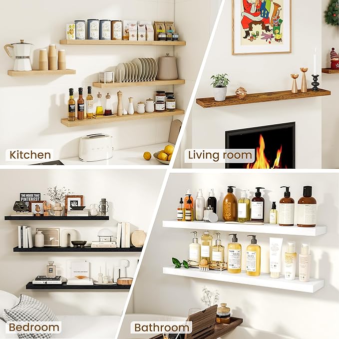 Dreamland 24Inch Floating Shelves for Wall, Rustic Wooden Black Floating Shelves for Bathroom|Bedroom|Kitchen, Deep Wall Mounted Book Shelf, Wood Storage Display Shelf for Home Decor, Set of 2