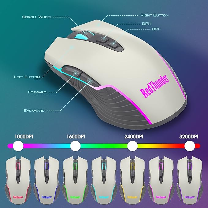 RedThunder K10 Pro Wireless Gaming Keyboard and Mouse Combo, RGB Backlit Rechargeable 3800mAh Battery, Mechanical Feel Anti-ghosting Keyboard + 7D 3200DPI Mice for PC Gamer(White Gray)