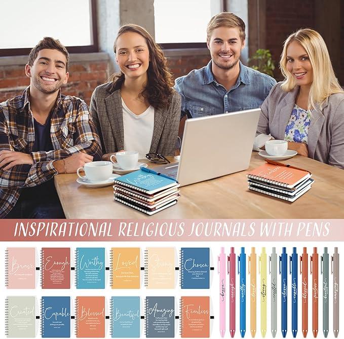 Kosiz Inspirational Valentines Christian Gifts Bulk A6 Notebook Prayer Journal with Pens Spiral Journal Religious Gift for Women Men Church Bible Study Group Teacher Coworker(12 Sets,Bright Color)