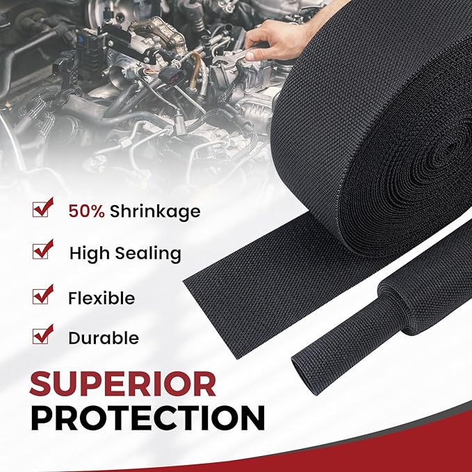 Braided Sleeving 2:1 Shrinkable Fabric Heat Shrink Tubing- Abrasion Protection Flexibility Wiring Harness Cable Sheath (1/2" ID, 16ft)