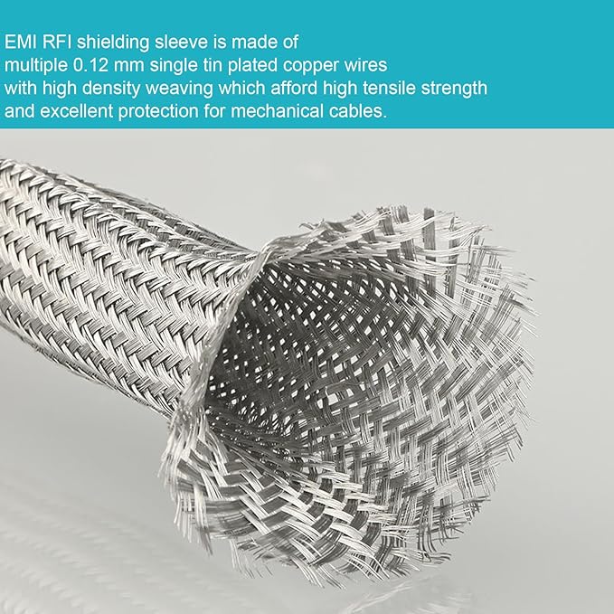 Tinned Copper Braided Cable Shielding Sleeve Metal Wire Loom Sheathing EMI RFI ESD Protector Grounding Mesh Flat Tubular Expandable 5/16" W(0.20" ID)-35FT