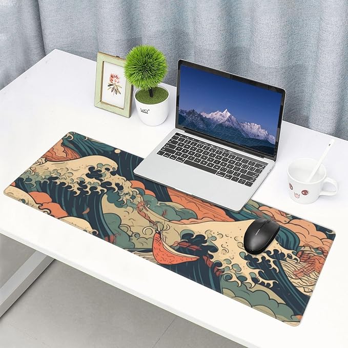 Vintage Japanese Wave Gaming Mouse Pad XL, Large Non Slip Rubber Mousepad, Stitched Edges Mouse Pads, Long Extended Mouse Pad,31.5'' X 11.8''