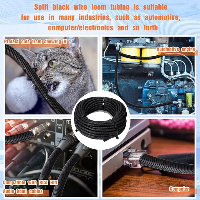 Sasylvia 1/4" X 500 ft Split Wire Loom Cord Protector Tubing Split Conduit Protector Tubing Convoluted Tube Flexible Electrical Wire Cover Protective Sleeves(Black)
