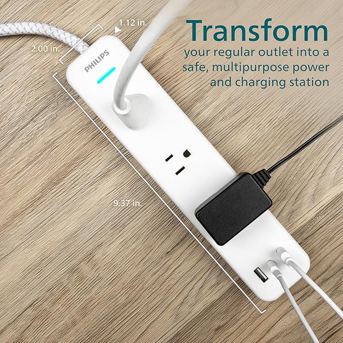 Philips EZFit 3-Outlet Adapter-Spaced Surge Protector, 6ft Braided Cord, Power Strip, Extension Cord with 2 USB-A and 1 USB-C, 490J, White, SPP3863W/37