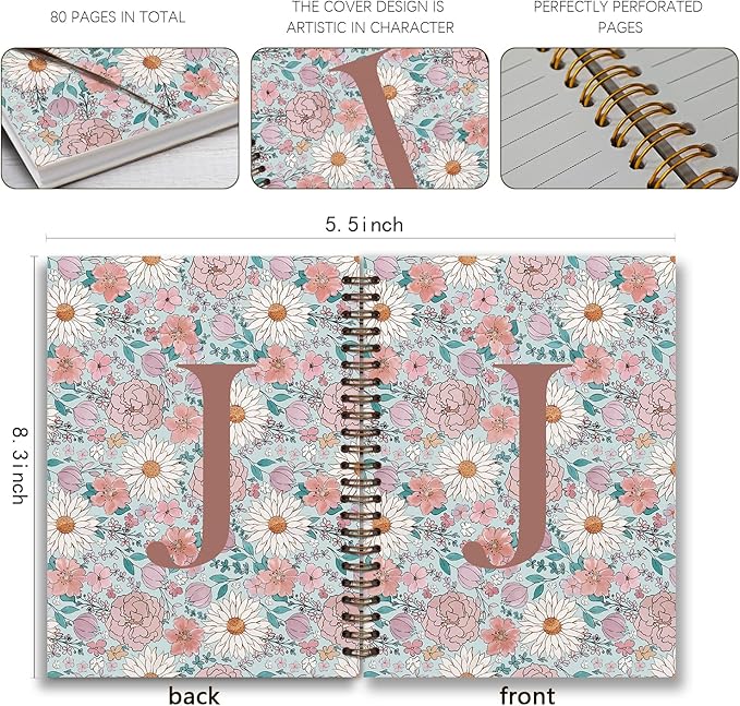 Vintage Floral Personalized Notebook, Initial Letter J Notebook Journal ,Vintage Flower Notebook for Work School Office Supplies,,Monogrammed Notebook for Women Teen Girl,Back to School Supplies 5.5 x 8.3