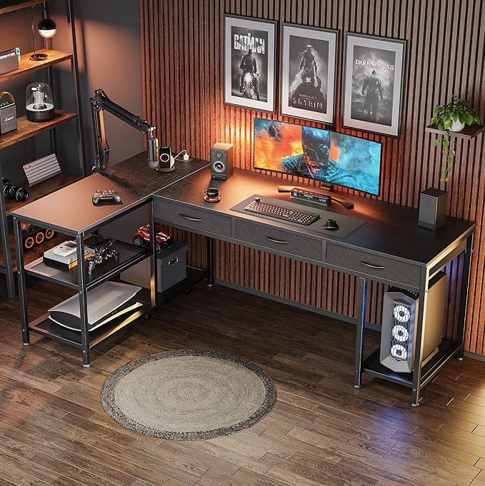 PRAISUN 63 Inch L Shaped Office Desk with Power Outlets and Type-C Port, Large Computer Gaming Desk with 3 Fabric Drawers, Mesh Shelves, Corner Study Work Writing Desk, Black