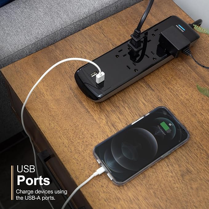 GE 37054 Pro Surge Protector, 7 Outlets + 2 USB, 1780J, 3' Cord, 2.1A, Black