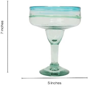 Mexican Glassware, Aqua Rims 16oz Margarita Glasses, Set of 2 Unique Hand Blown Glass, Handcrafted by Talented Artisans Thick & Sturdy Easy to hold