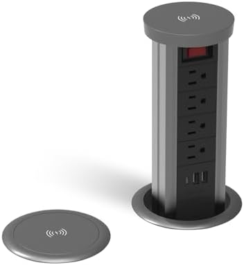 Pop up Outlet for countertop 4.72in Desk Grommet Power Station PD20W USB C 4 Outlets 3 USB Ports 1 Wireless charger 15A Outlets Fast charging Space Saver Outlet for Kitchen Office 6ft Cord