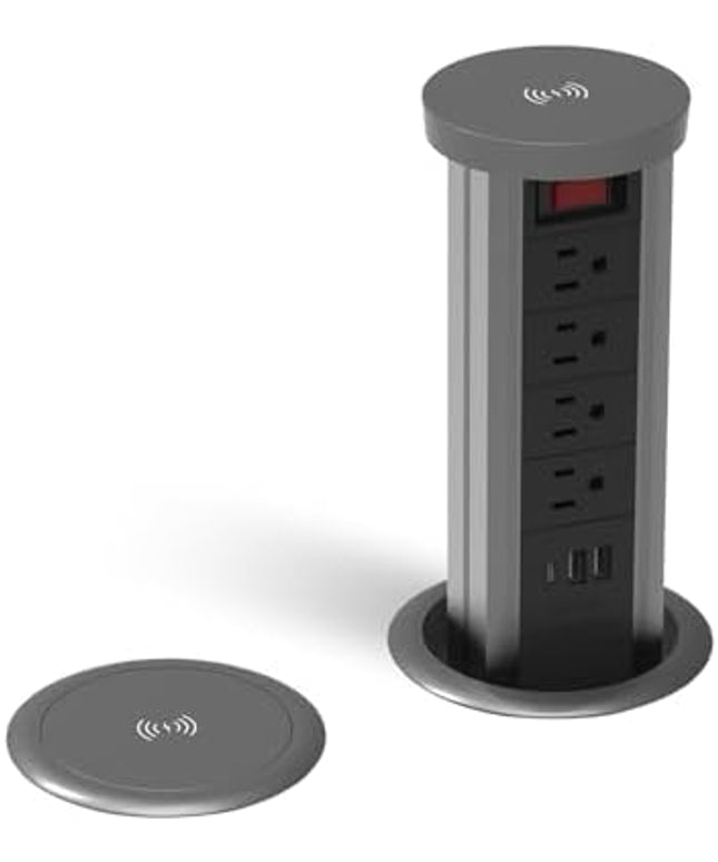 Pop up Outlet for countertop 4.72in Desk Grommet Power Station PD20W USB C 4 Outlets 3 USB Ports 1 Wireless charger 15A Outlets Fast charging Space Saver Outlet for Kitchen Office 6ft Cord