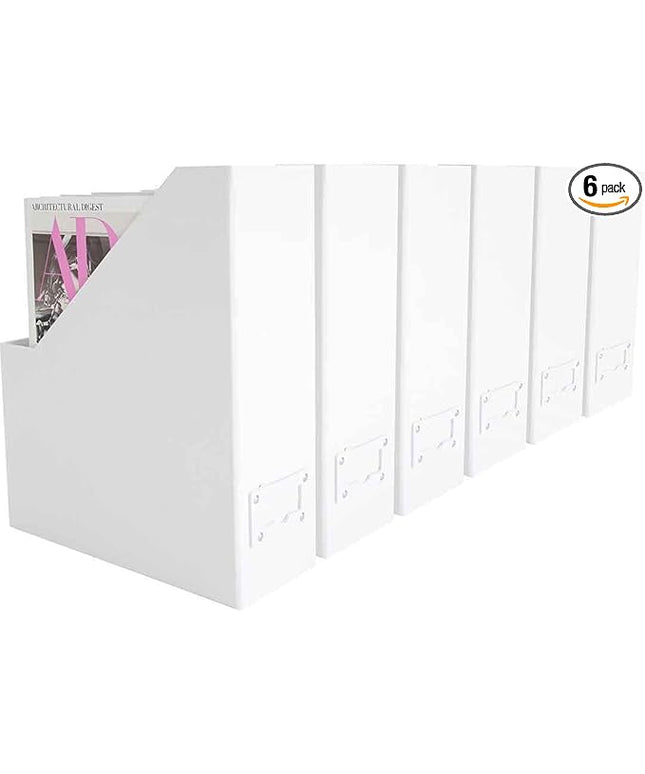BLU MONACO Set of 6 Foldable White Magazine File Holders | Vertical Desk File Organizer Boxes With Leather Label Holders | Stylish Cardboard Magazine Storage for Shelves, Workspace and Home Office