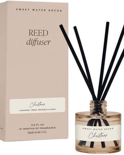 Sweet Water Decor Christmas Reed Diffuser Set - Fresh Cut Trees, Orange, and Cloves Holiday Scent for Home with Long Lasting Fragrance - Non-Toxic Oil Reed Diffuser Made in The USA