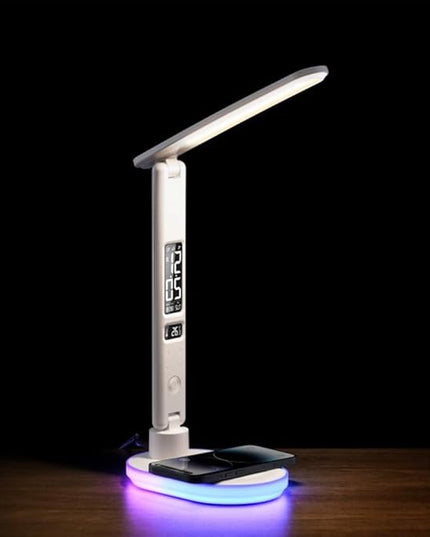 IHAO Luxury Multifunctional LED Desk Lamp10W Qi Wireless Charger Digital Alarm Clock Ambient Light & Temperature Display Adjustable Eye-Care Table Lamp with Leather Texture Design Table Lamp-U20 White