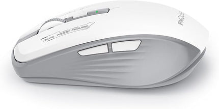Wireless Mouse (Bluetooth & 2.4GHz USB) with Forward/Backward Side Keys, Silent Click, Ergonomic Portable AA Battery Mice for Laptop/Mac/iPad - Office & Travel Use, White & Grey