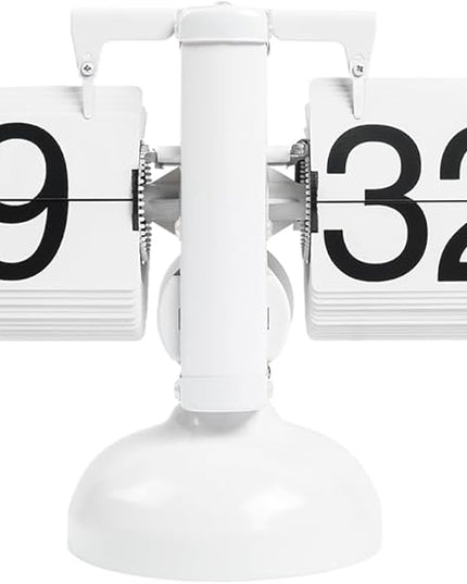mooas Flip Desk Clock (White), Retro Vintage Design Auto Flip Clock Desk Clock Table Clock Large Number Battery Powered Internal Gear Operated Home Décor Ideal for Home Office School Hotel Café