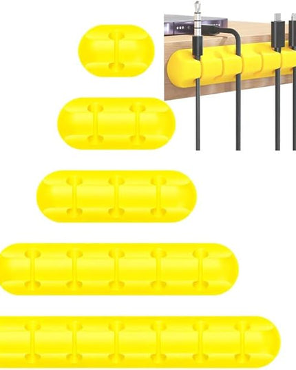 Cable Holder Clips，5 Packs Yellow Cable Management Cord Organizer Clips Silicone Self Adhesive for Desktop USB Charging Cable Nightstand Power Cord Mouse Cable Wire PC Office Home(7-5-3-2-1 Slots)