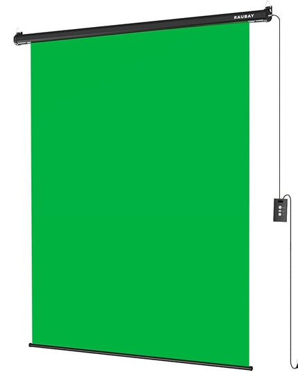 RAUBAY Motorized Pull Down Green Screen - 59.8" x 86.6" Collapsible Wall-Mount Background for Professional Video Production, Chroma Key Backdrop for YouTube, TikTok, Streaming, Video Conferencing