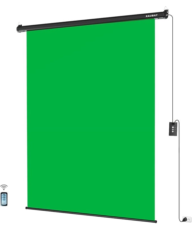 RAUBAY Motorized Pull Down Green Screen - 59.8" x 86.6" Collapsible Wall-Mount Background for Professional Video Production, Chroma Key Backdrop for YouTube, TikTok, Streaming, Video Conferencing