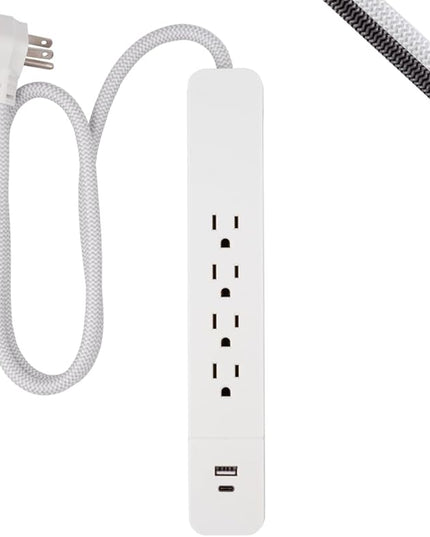 GE UltraPro 4 Outlet Surge Protector, USB-C Charging, 3 ft Designer Braided Cord, 1060 Joules, ETL Listed, White, 41354