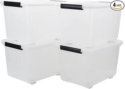 4-Pack Clear Large Plastic Storage Box with Wheels, 70 L Latching Storage Box