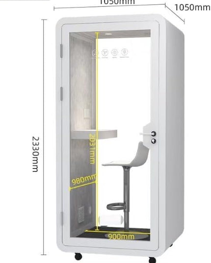 Mobile Office Pod Booth, Solo Soundproof Pod with High-Density Acoustic Panels, Premium Sound Pod with Silent Ventilation, Wheels and Feet, Build-in Table, LED Lighting System, USB Ports (White-Grey)