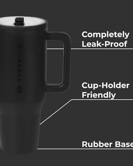 HydroJug Traveler - 32 oz Water Bottle with Handle & Flip Straw - Fits in Cup Holder, Leak Resistant Tumbler-Reusable Insulated Stainless Steel & Rubber Base - Gifts for Women & Men, Black