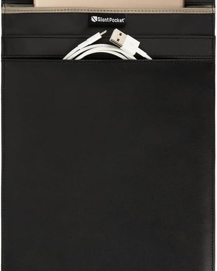 SLNT Faraday Bag Tablet Sleeve with Silent Pocket - Leather Signal Blocking Device Shielding for iPad, Samsung Galaxy Tab, Most Tablets for Travel Privacy (Black Leather, Large)