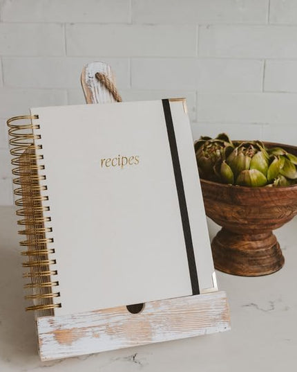 Sweet Water Decor Recipes Journal, Cute 8 Tabbed Cooking Notebook for Women, 40 Prompt Recipe Pages Per Section, Neutral Laminate Spiral Bound Diary with Gold Metal Corner Details