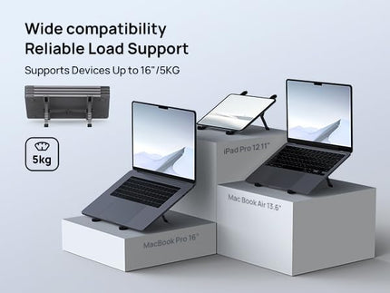 YUATAUY Ultra Compact Laptop Stand with 4-Port USB Hub for Desk, Tablet, Foldable Portable for Travel, Library, Home, Office, Cafe, 6-Level Ergonomic Adjustable Aluminum Holder for 10-16" Laptops