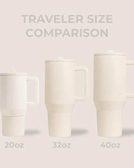 HydroJug Traveler - 40 oz Water Bottle with Handle & Flip Straw - Fits in Cup Holder, Leak Resistant Tumbler-Reusable Insulated Stainless Steel & Rubber Base - Gifts for Women & Men, Cream