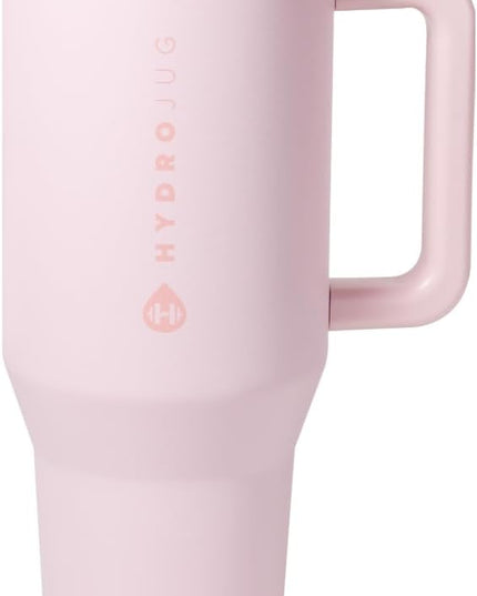 HydroJug Traveler - 40 oz Water Bottle with Handle & Flip Straw - Fits in Cup Holder, Leak Resistant Tumbler-Reusable Insulated Stainless Steel & Rubber Base - Gifts for Women & Men, Pink Sand