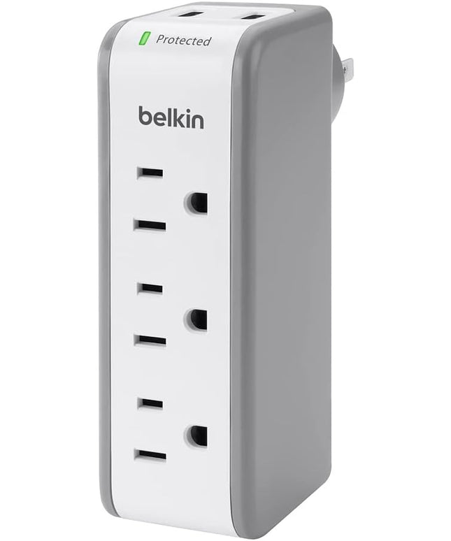 Belkin Wall Mount Surge Protector - 3 AC Multi Outlets & 2 USB Ports - Flat Rotating Plug Splitter - Wall Outlet Extender for Home, Office, Travel, Computer Desktop & Phone Charger - 918 Joules