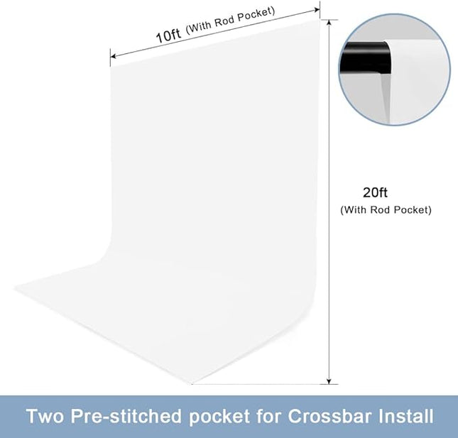 10X20ft White Photo Backdrops for Photography, LCUIRC Two Rod Pocket Backdrops Curtain for Parties, Polyester Background with 4 Clamps for Product Protrait Photoshoot or Parties Decoration