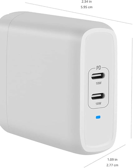 Amazon Basics 36W Dual Port USB-C Wall Charger with Power Delivery, Foldable Plug, for Tablets and Phones, Apple Watch, White, 2.34 x 1.09 x 2.21 in (PD36U-2TNB)