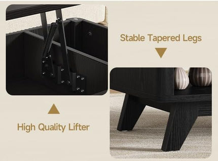 ONBRILL Farmhouse Lift Top Coffee Table, Mid Century Modern Coffee Table with Hidden Storage Compartment, Fluted Rising Pull up Wood Modern Center for Living Room, Office, Black