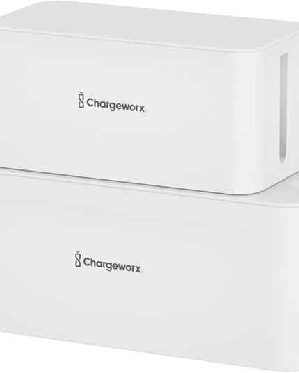 ChargeWorx Cable-Management Box Set, 2 Pack Cord Organizer to Hide Power Strips and Surge Protectors, Desk and Floor Wire Concealer for Home Office, TV Area, White
