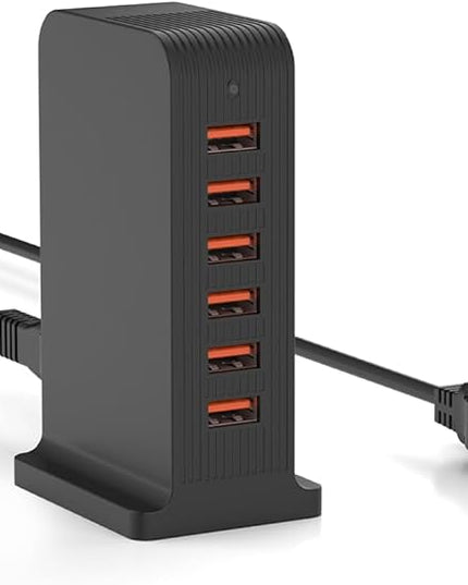 VPSUN USB Charger 6 Port 50W Multi USB Tower Charging Station for Multiple Devices iPhone 15/14/14 Pro/14 Pro Max/13 Pro/13 Pro Max/Android/Samsung/Tablet,etc (Black, 50W)