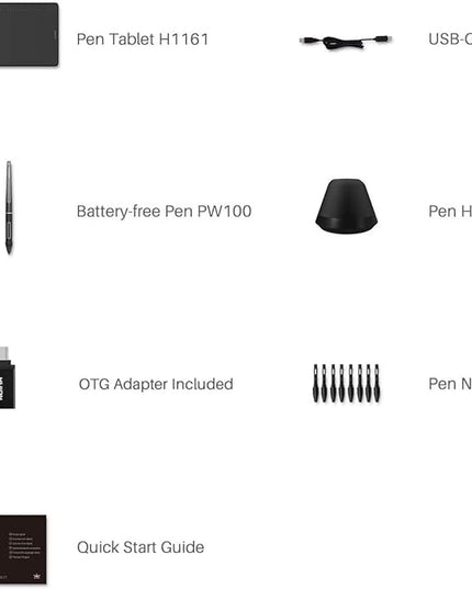 HUION Inspiroy H1161 Graphics Drawing Tablets, Touch Strip and 8192 Pen Pressure Sketch Tablet with Battery-Free Stylus,10 Shortcut Keys, Compatible with Android, Windows, and Mac Black