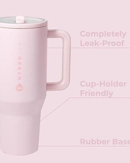 HydroJug Traveler - 40 oz Water Bottle with Handle & Flip Straw - Fits in Cup Holder, Leak Resistant Tumbler-Reusable Insulated Stainless Steel & Rubber Base - Gifts for Women & Men, Pink Sand