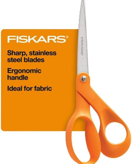 Fiskars 8" Original Orange-Handled Stainless Steel Scissors, Ergonomic and Keeps Material Flat, Sharp All-Purpose Paper and Fabric Scissors for Office, Arts, and Crafts