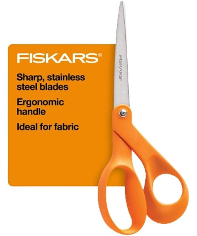 Fiskars 8" Original Orange-Handled Stainless Steel Scissors, Ergonomic and Keeps Material Flat, Sharp All-Purpose Paper and Fabric Scissors for Office, Arts, and Crafts