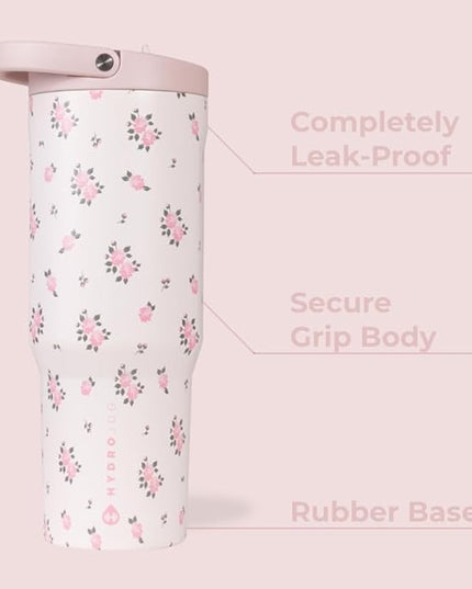 HydroJug Sport - Stainless Steel Tumbler with Straw, Vacuum Insulated, 32oz Leakproof Water Bottle, Ergonomic Design, Reusable, Dishwasher Safe, Rubber Base, Durable for Gym or Outdoors, Wildrose